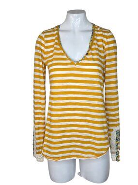 Anthropologie Little Yellow Button Long Sleeve V-Neck Shirt, Striped, Size S